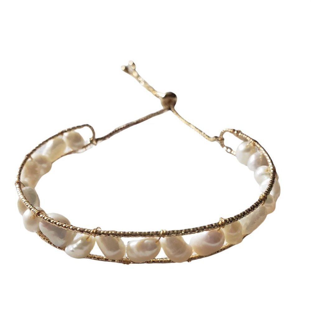 Womens Gold White Faux Pearl Beads Pull Through Bracelet Casual Formal Jewelry